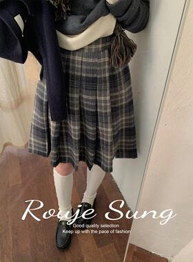 ROUJE SUNG韩版灰色格子百褶裙女秋冬半裙高腰显瘦学院风格纹中裙