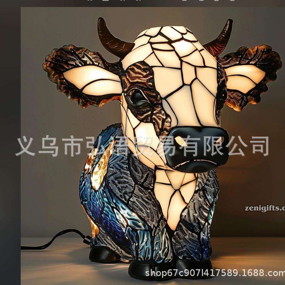 跨境新款小牛动物台灯 创意树脂家居床头发光牛头台灯摆件
