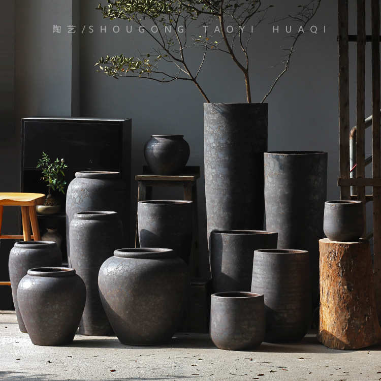 民宿手工陶瓷复古粗陶罐酒店茶楼落地花瓶庭院荷花缸坛子日式摆件