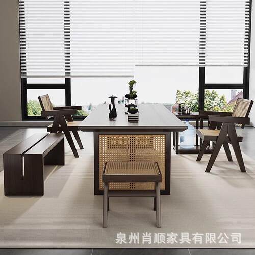新中式茶桌木椅组合家用客厅KST茶几茶台藤接待泡桌编实大茶板茶