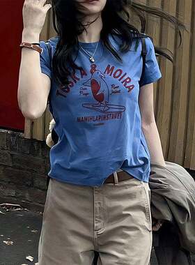 美式街头风冲浪企鹅印花短袖T恤女2026夏季新款蓝色修身显瘦上衣