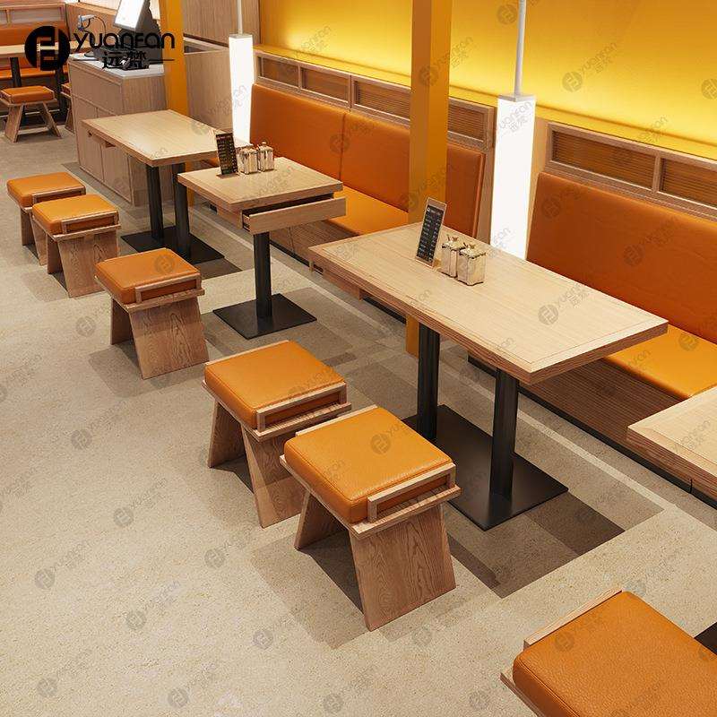餐饮商用桌椅连锁餐厅饭店实木桌椅带抽屉寿司店面馆靠墙卡座沙发图片