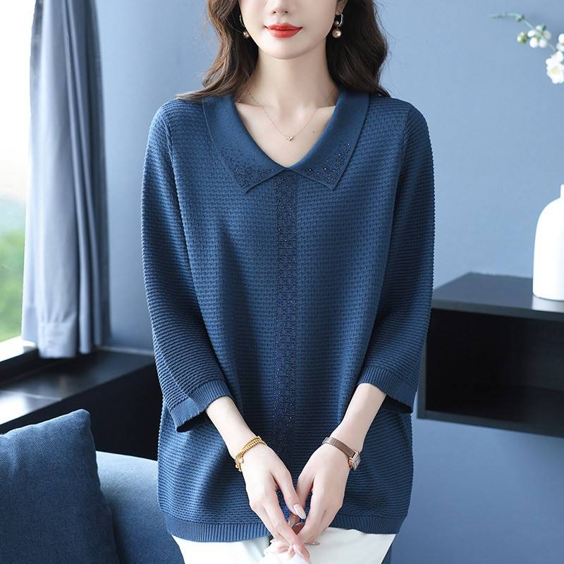 中年妈妈春夏翻领桑蚕丝针织衫女宽松大码七分袖冰丝T恤遮肚上衣