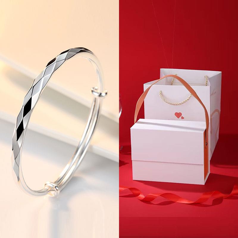 高档品99水99纯正推银手镯子女实心立方拉银饰品七夕情人节送女友