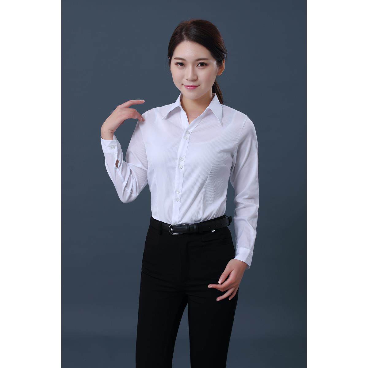 高档工装弹白条纹身衬衫女修收腰V力长袖衬衣短袖职业装通勤领工