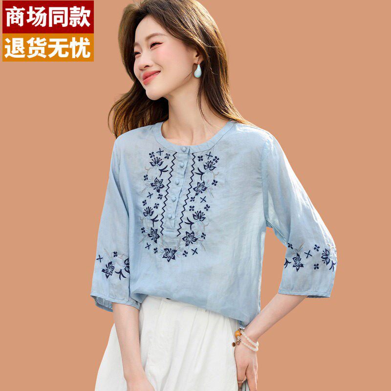 民族风刺绣衬衫女夏装2026新款七分袖宽松上衣苎麻高级感洋气小衫