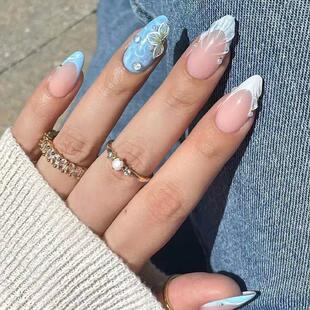 Design Long Nails Fake French 24Pcs Blue Shell Press