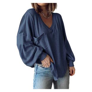 Women'S Casual Basic V-Neck Ribbed Knitted Shirts Pullover