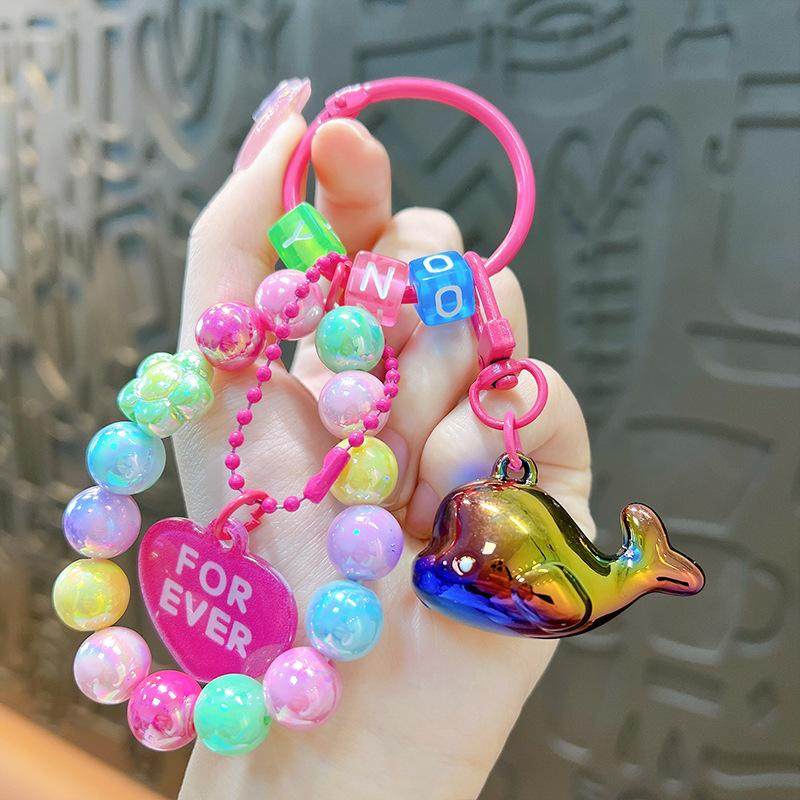 亚克力电镀海洋海豚钥匙扣挂件清新彩色串珠情侣包包挂饰礼品