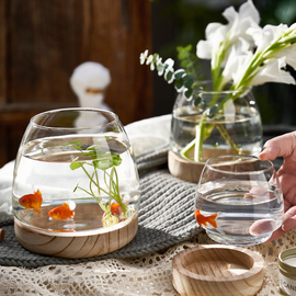 日式简约木托创意花瓶玻璃，透明水养植物客厅，插花摆件水培鱼缸器皿