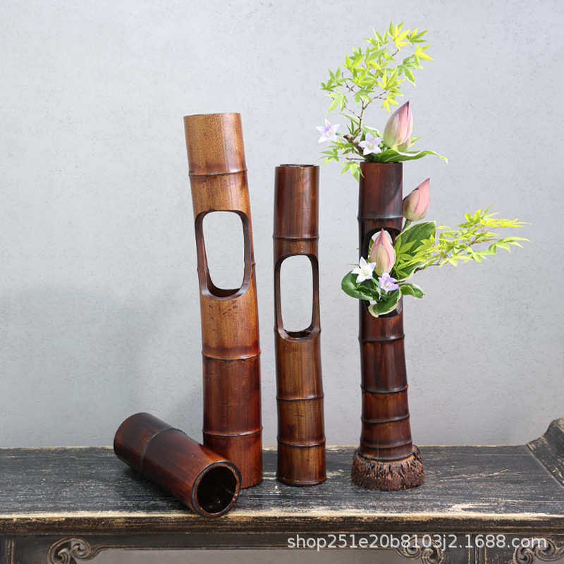 竹筒插花器竹子摆件中式日式禅意复古茶席竹制花瓶花盘插花器皿,家居饰品,花瓶,淘宝优惠券,粉丝福利购,淘宝优惠卷