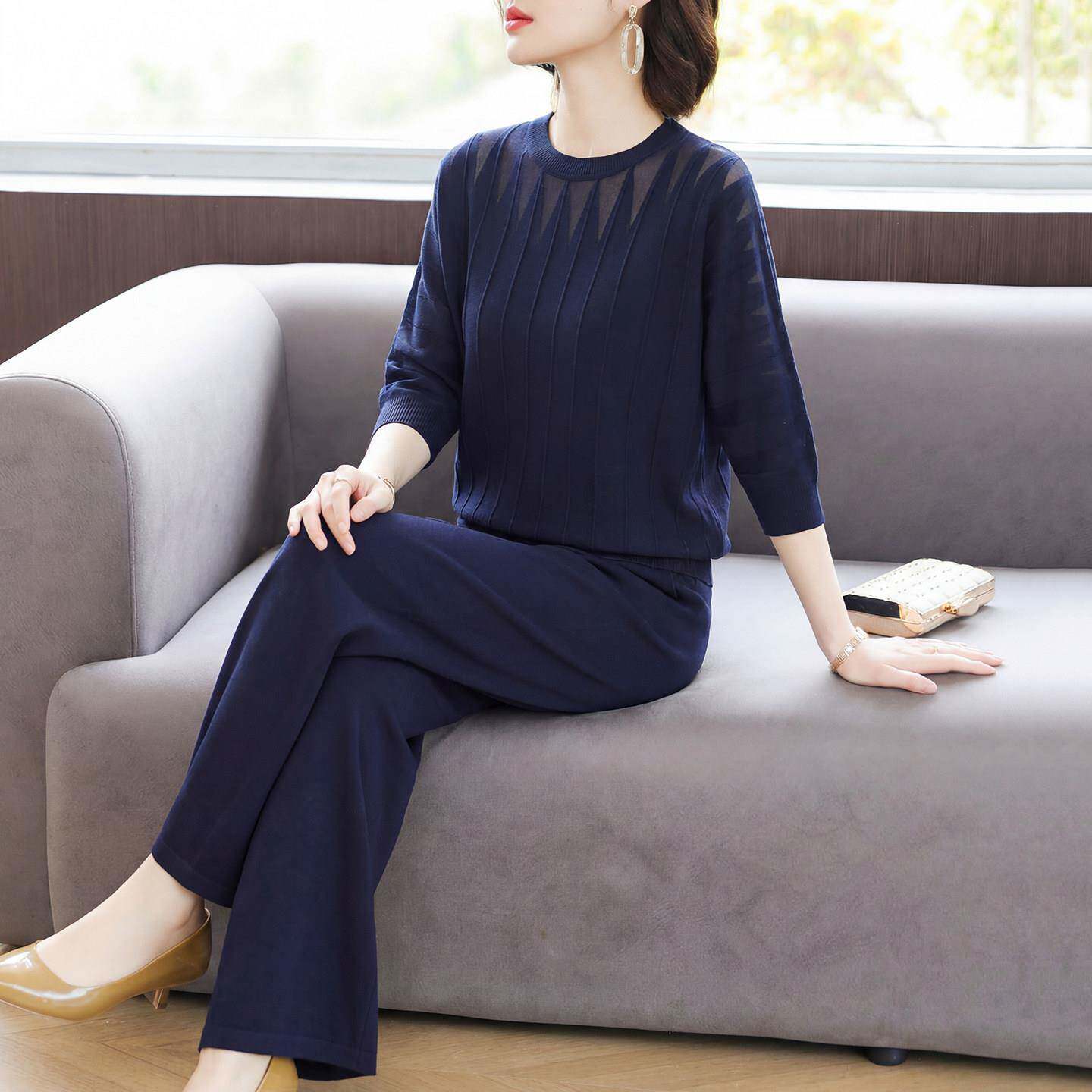 妈妈夏装休闲针织运动服套装2026新款中老年女装真丝上衣服两件套