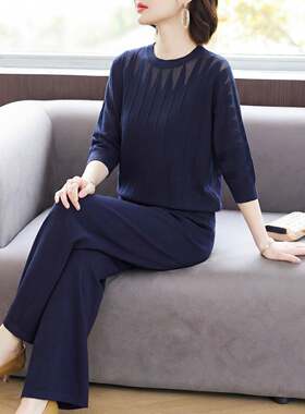 妈妈夏装休闲针织运动服套装2026新款中老年女装真丝上衣服两件套