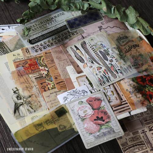 兔子家junk journal 复古手帐素材 和纸贴纸 旧报纸书页混合装50P