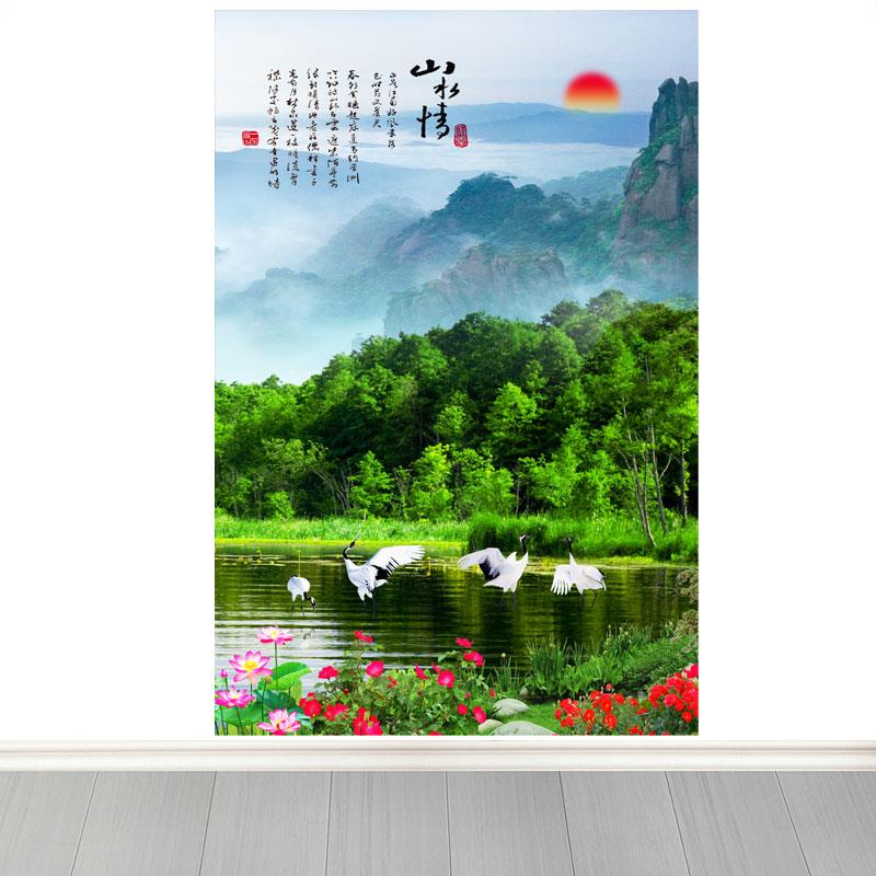 青山绿水竖版自粘装饰画客厅玄关背景墙贴纸画仙鹤荷花山水情贴画图片