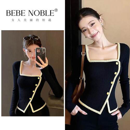 BEBE NOBLE法式撞色边方领长袖打底针织衫女收腰显瘦毛衣内搭上衣