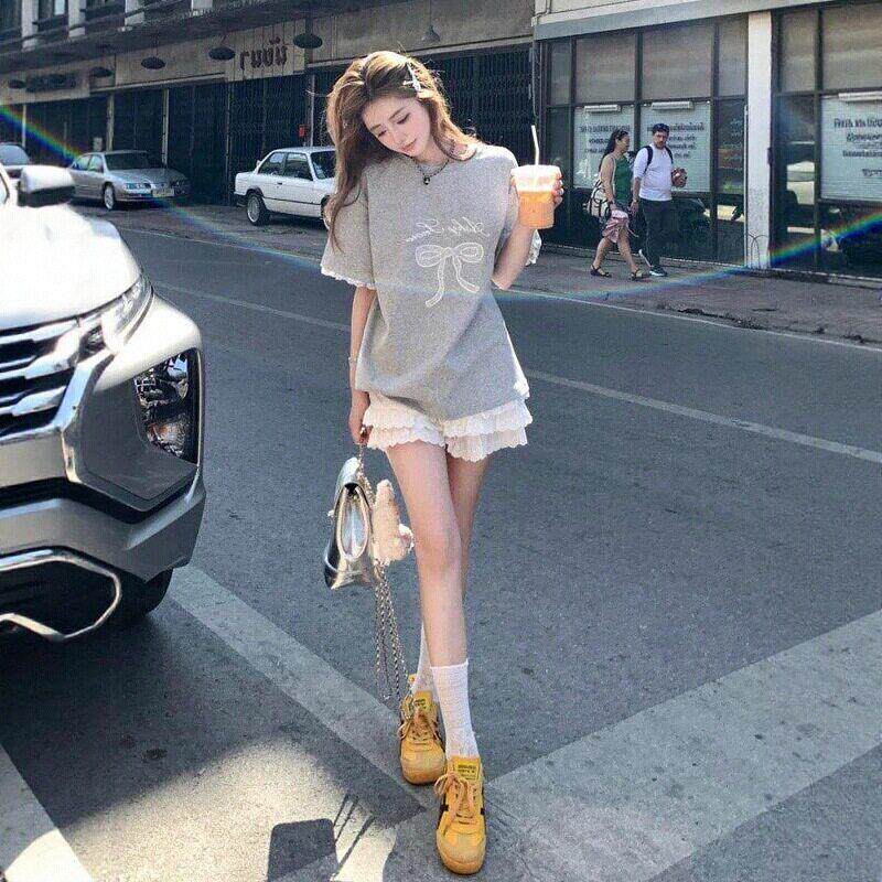 法国Rouje Dsyle休闲运动套装女夏季时尚短袖卫衣蕾丝短裙一整套