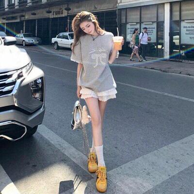 法国Rouje Dsyle休闲运动套装女夏季时尚短袖卫衣蕾丝短裙一整套