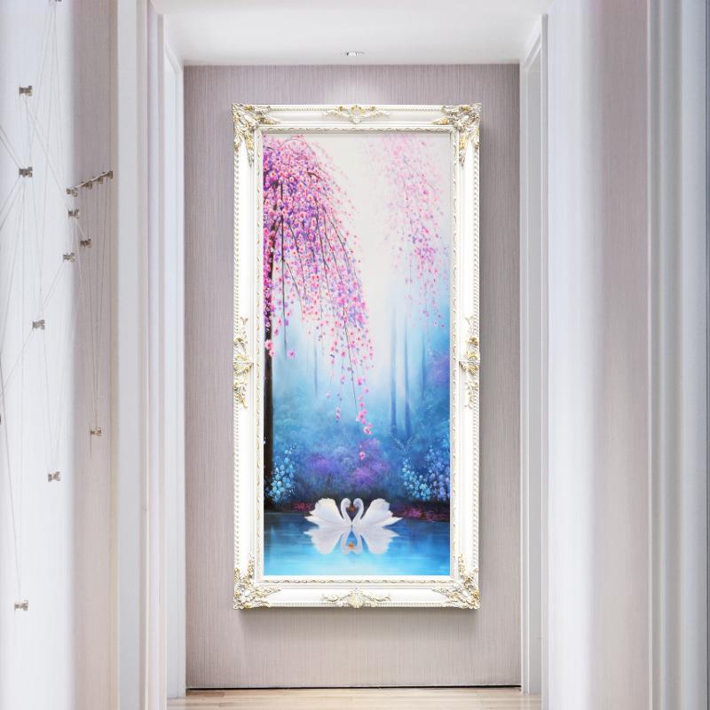 入户玄关装饰画欧式走廊竖版美式风景温馨天鹅油画过道别墅挂画