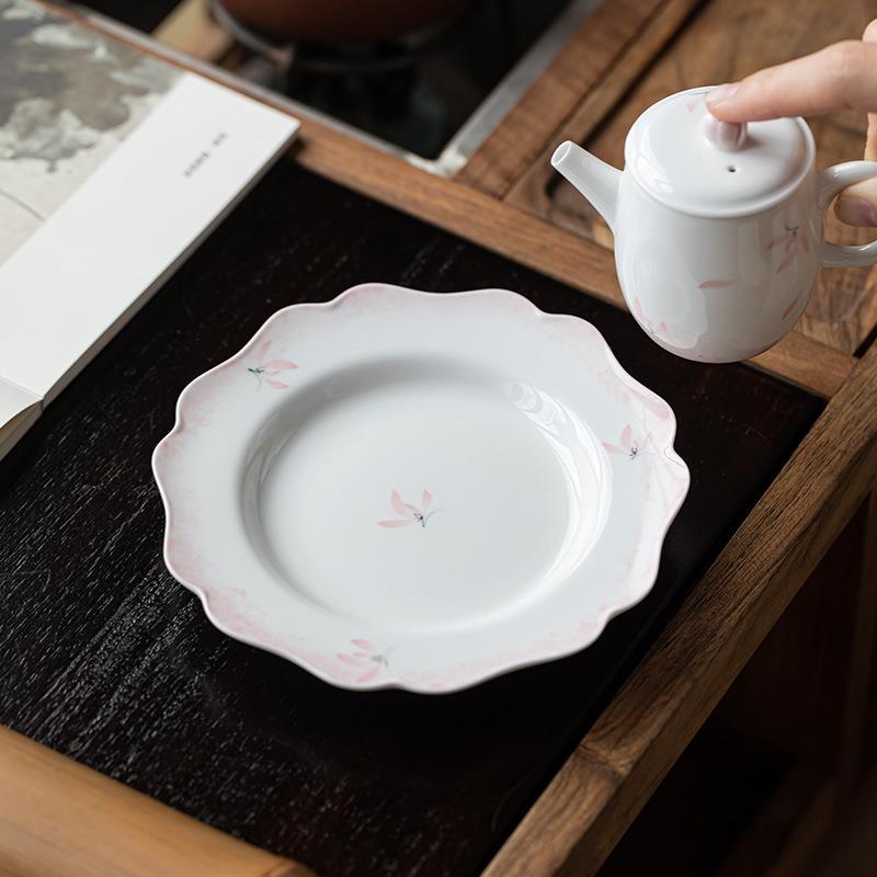 皓澜手绘兰花壶承干泡盘中式家用陶瓷茶壶托茶点盘茶台茶道配件