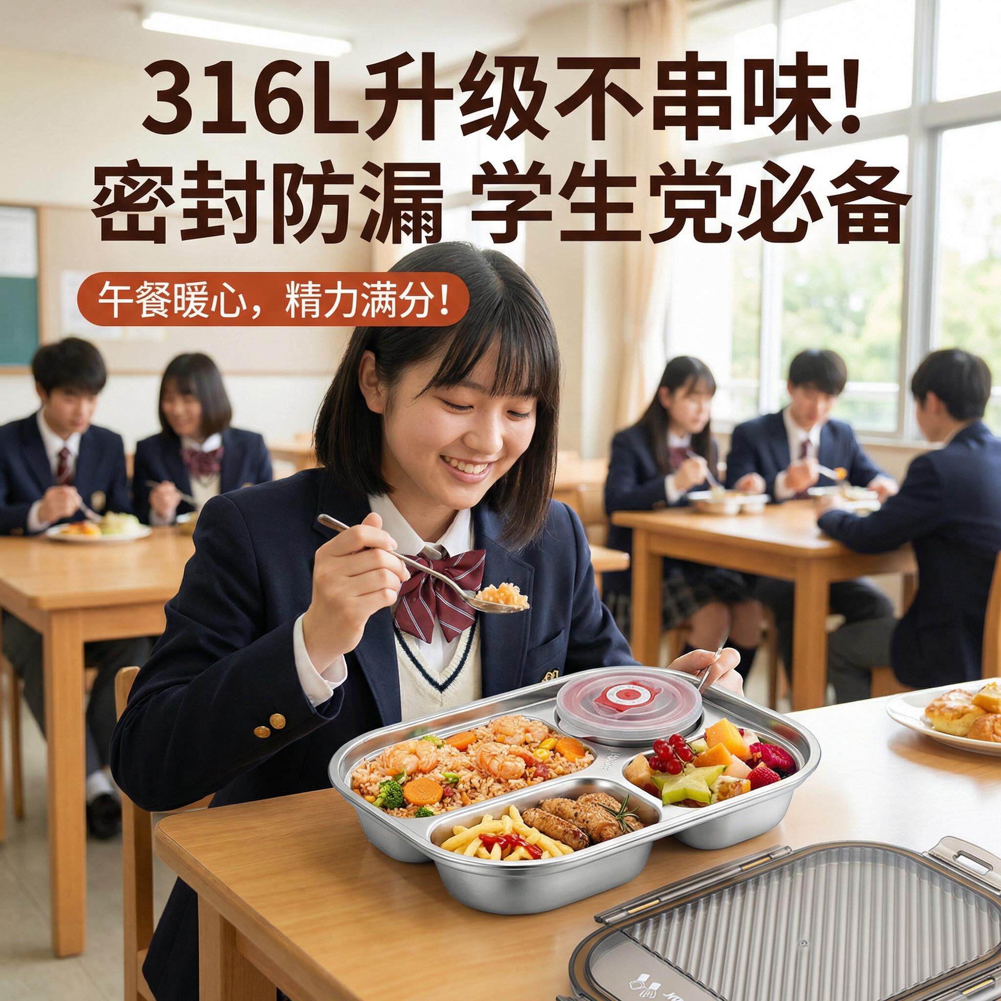 316不锈钢分格饭盒学生带饭带盖子餐盒上班族打饭可微波加热便当