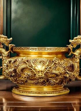 黄铜双龙香炉摆件家居客厅玄关佛堂供奉用品金属装饰桌面工艺品