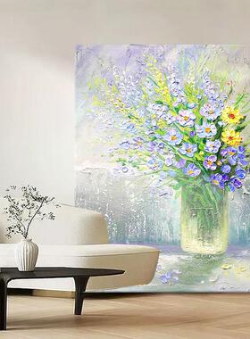 小雏菊诧寂风手绘油画花瓶花卉装饰画客厅玄关立体石英砂肌理挂画