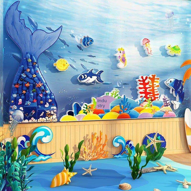 幼儿园墙体夏季主题环境创作海洋风装饰成品材料教室黑板报纸场景