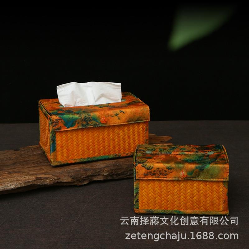 手工竹编纸巾盒缎面印花布艺抽纸盒中式茶艺茶桌摆件桌面收纳盒
