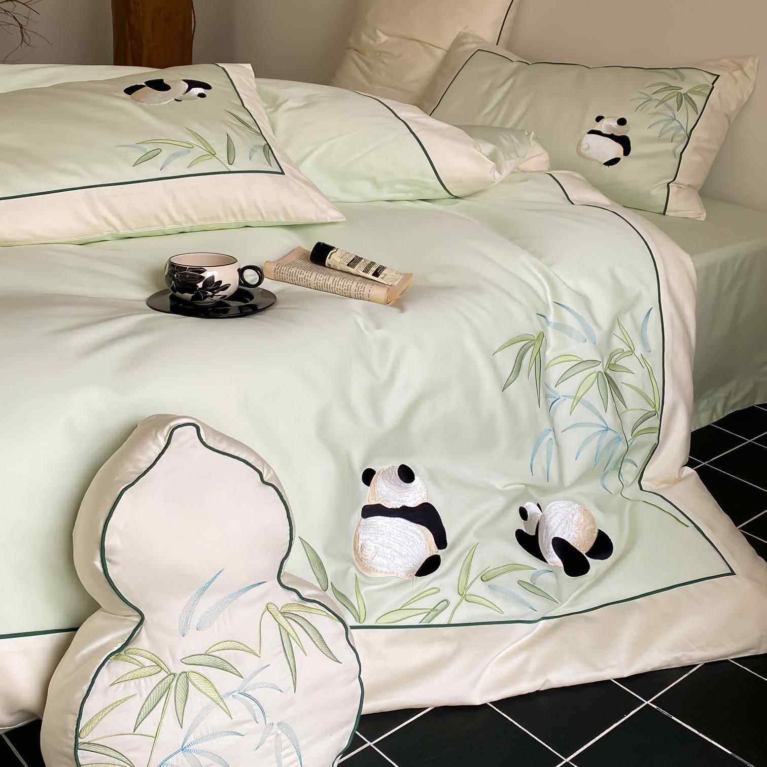 熊猫与竹~新中式全棉四件套100S长绒棉小清新纯棉被套床上用品