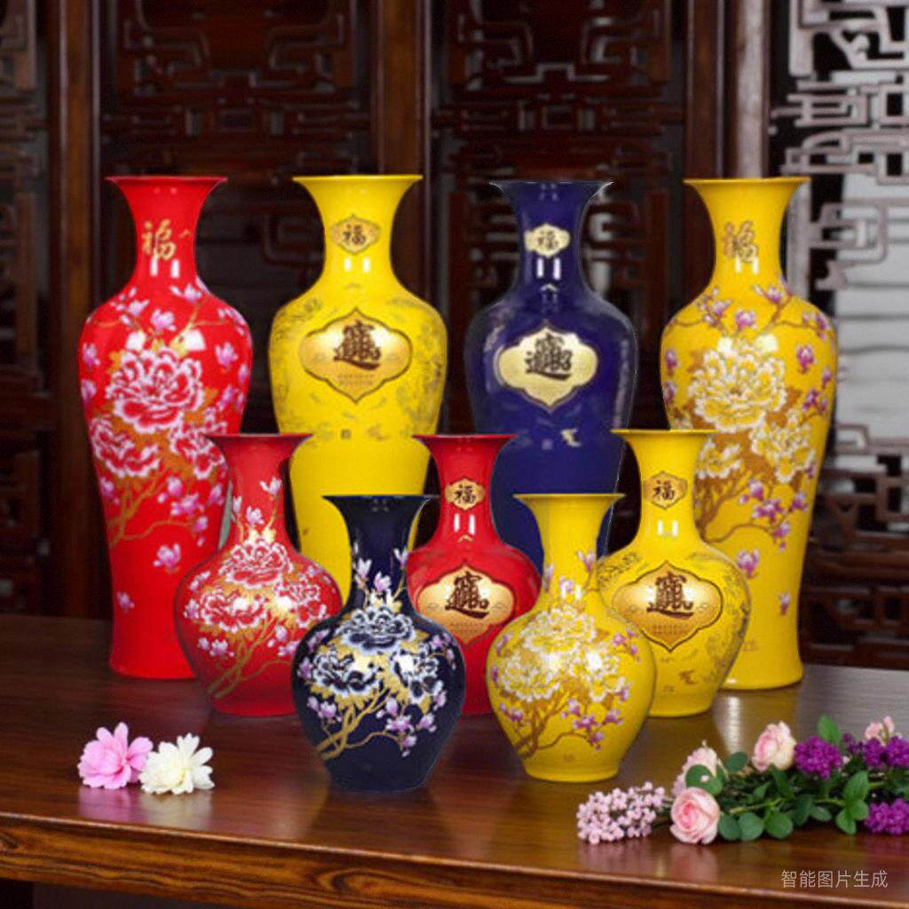 景德镇陶瓷器中国红蓝黄色客厅落地大花瓶家居摆件金牡丹招财进宝