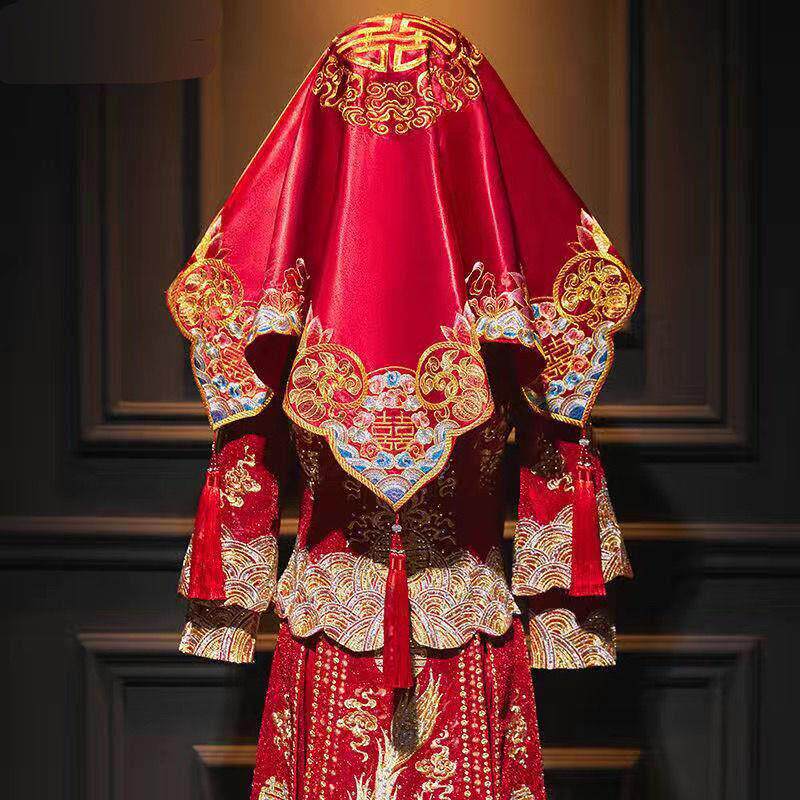 高端红盖头新娘结婚中式22新款秀禾服刺绣缎面高档古风纱出嫁盖头