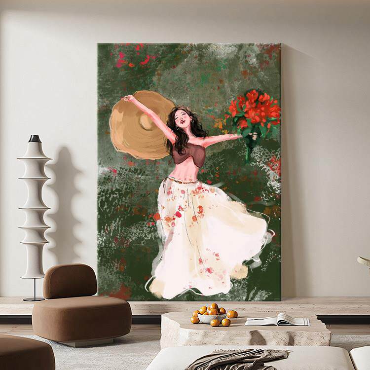 中古风美式客厅沙发装饰画复古少女背景绿色挂画玄关卧室小众壁画