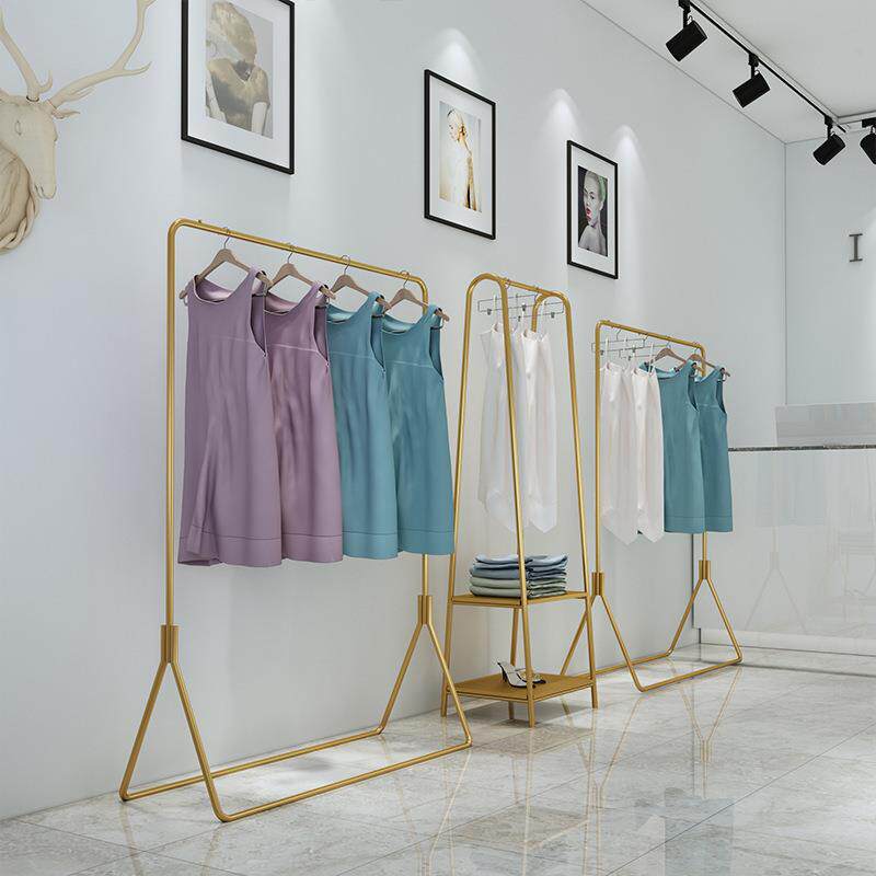 新款铁艺服装店展示架挂衣架子落地式金色童装架女装店货架中岛架