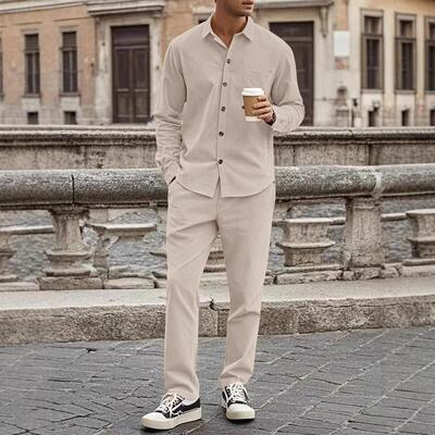 Men Casual Color Sleeve Pants Shirt Collar Set Comfortable