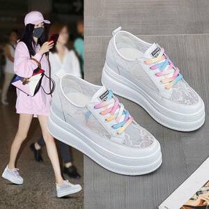 QVU~品牌专柜！性感蕾丝时尚女鞋春夏款镂空透气厚底内增高小白鞋
