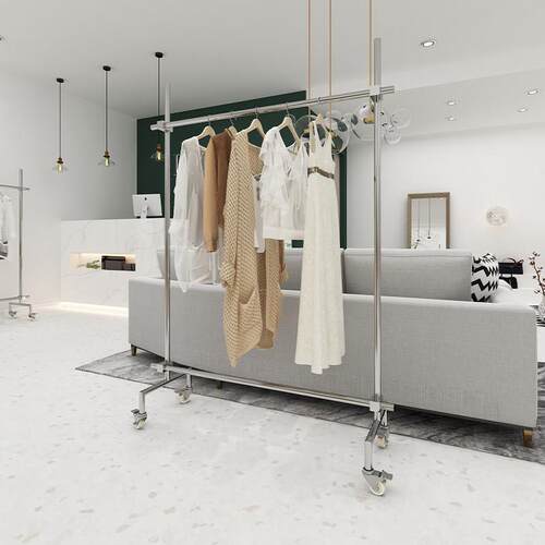 服装店展示架不锈钢落地带轮子陈列专用女装挂衣架可调节移动货架