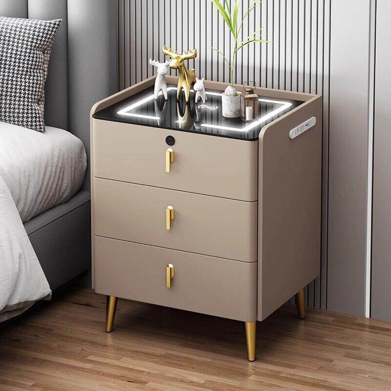 智能床头柜简约现代三抽无线充电指纹锁音响实木轻奢高级感带灯