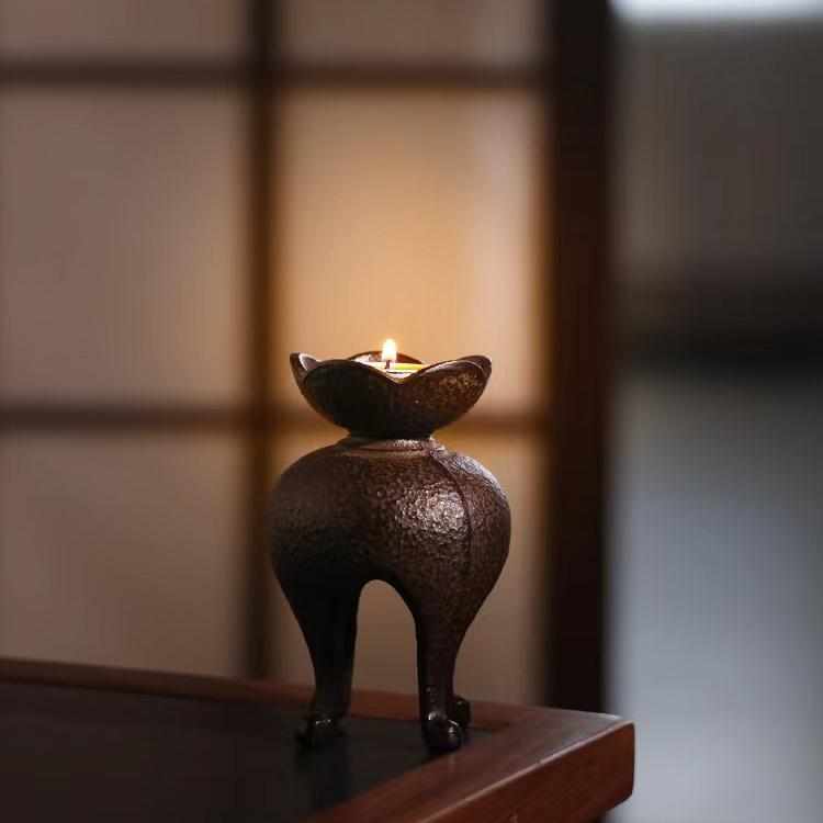 复古烛台铸铁茶室摆件中式禅意宫灯酥油灯家用茶空间装饰蜡烛底座