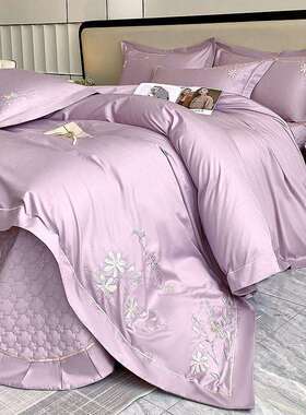 【3945人收藏】高挡1OO%全棉纯色床盖四件套纯棉刺绣花夹棉加厚床