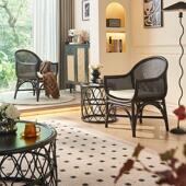 设计师款 复古民宿卧室椅子茶几三件套组合 藤椅带坐垫印尼藤艺法式