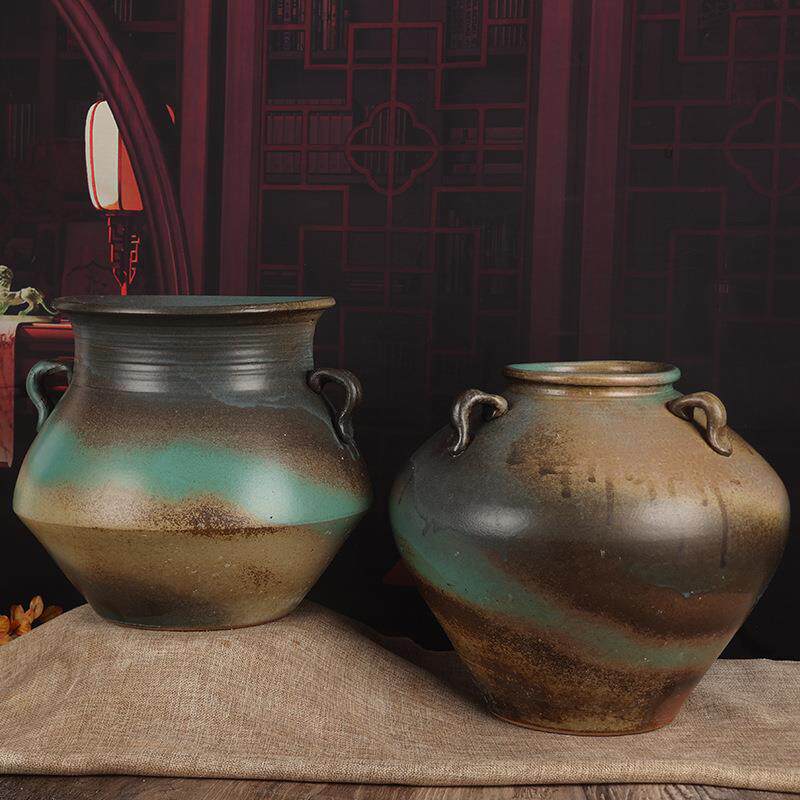 中式陶瓷粗陶花瓶花器鎏金色玄关客厅干花摆件水培小花插茶道配件