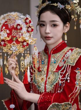 新娘结婚秀禾服团扇新中式双面成品遮面红色花朵金色成品DIY团扇