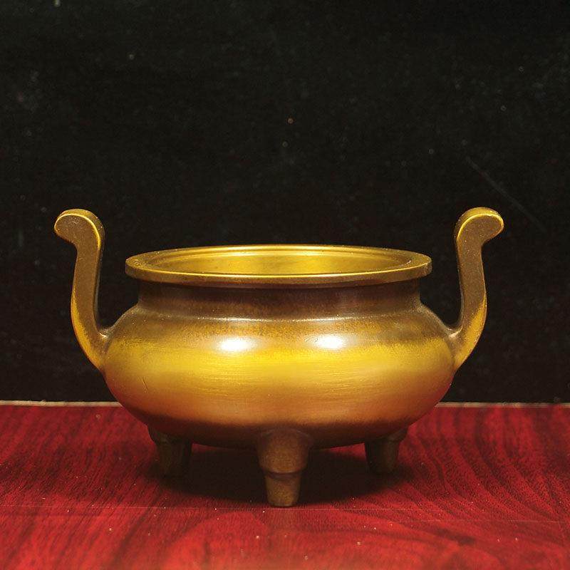 黄铜三足香炉 大明宣德仿古铜炉 家用供佛香炉 简约风格铜香炉 寺