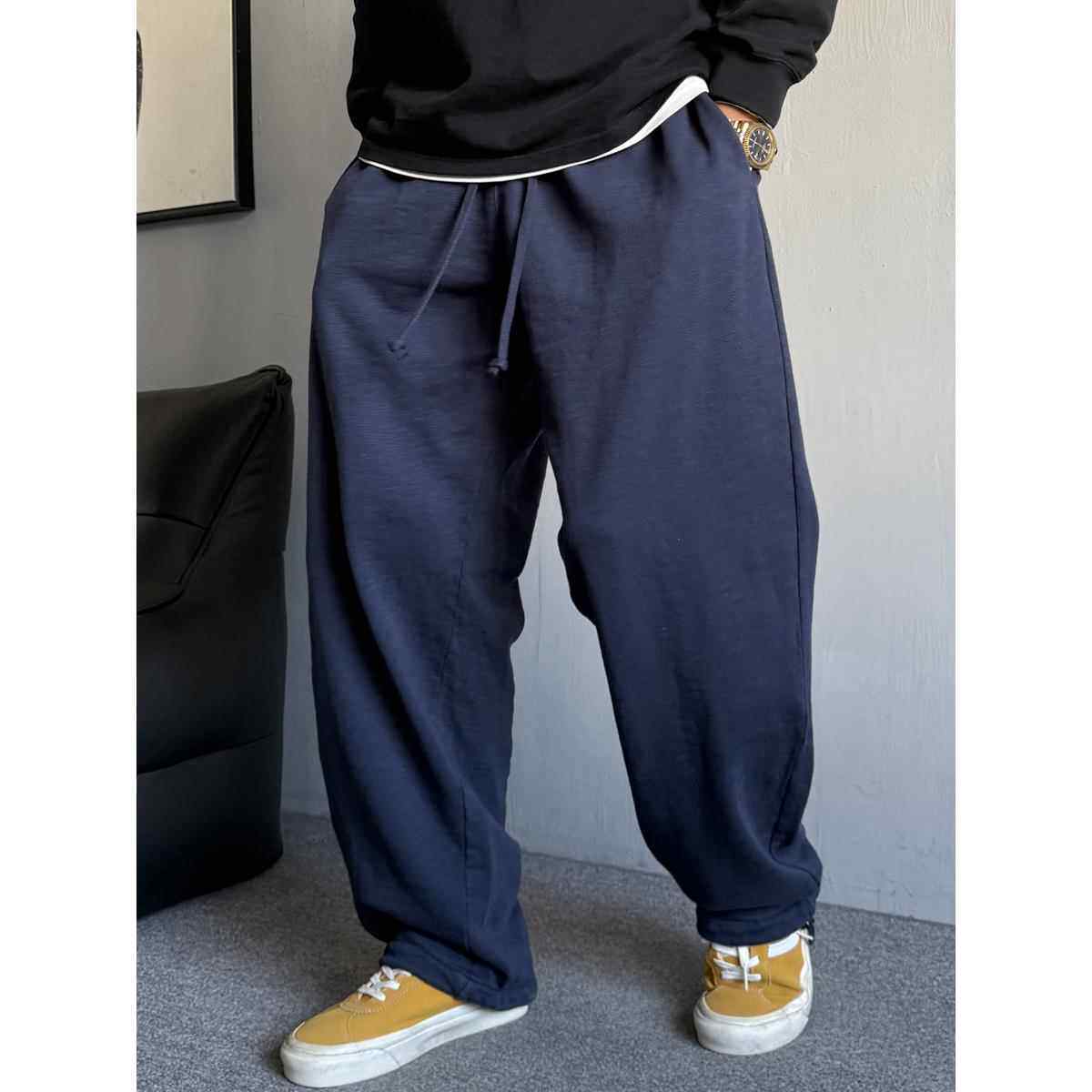 春秋季美式休闲痞帅重磅运动卫裤男直筒宽松抽绳百搭阔腿裤子纯棉