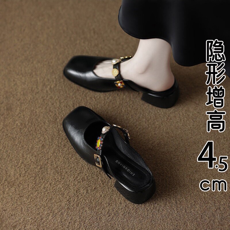 香港真皮包头半拖鞋女夏外穿2026新款超火法式一脚蹬玛丽珍凉单鞋