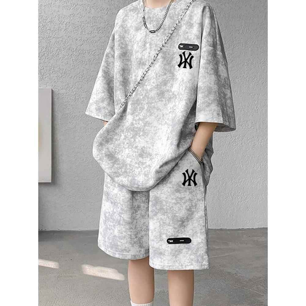 时尚品牌无障碍奢华美式扎染休闲运动套装2025夏季男士新款短袖t