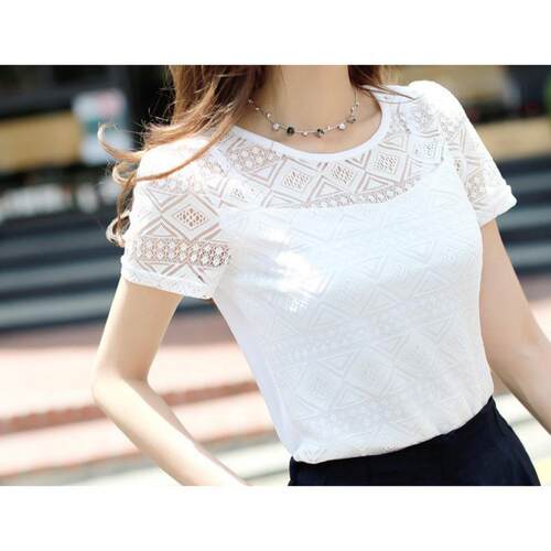 Bottom Top White Round Neck Short Sleeve Hollow Lace Shirt