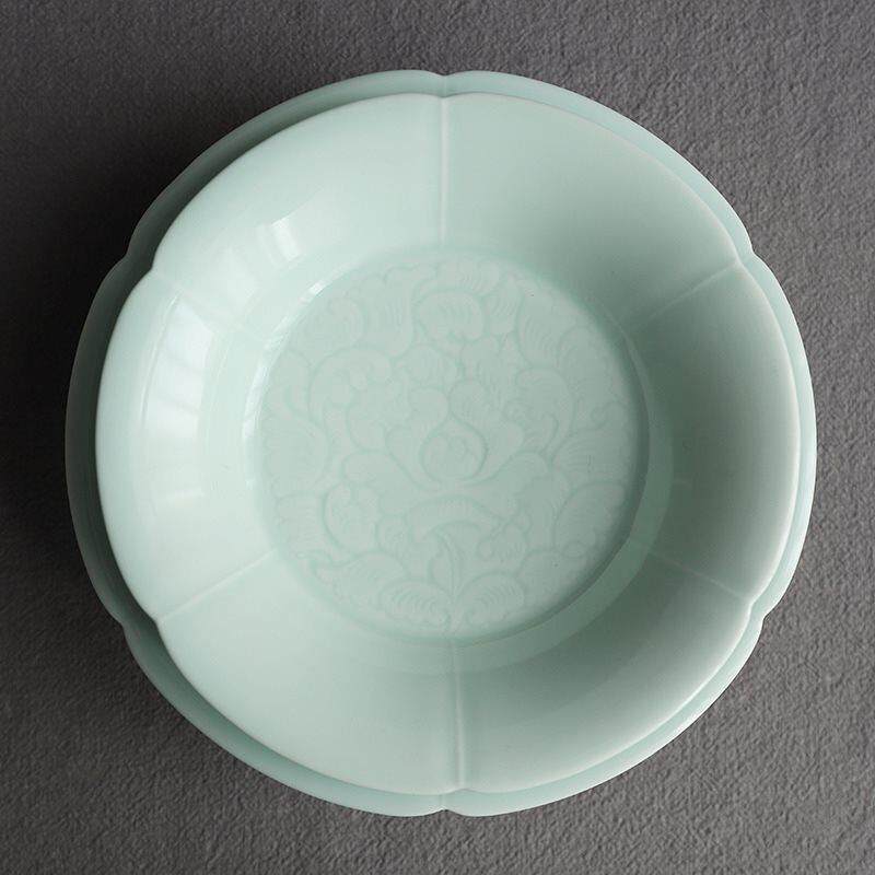 宋宴餐具葵口折沿盘饭碗陶瓷雕刻深盘菜碟茶具壶承水果点