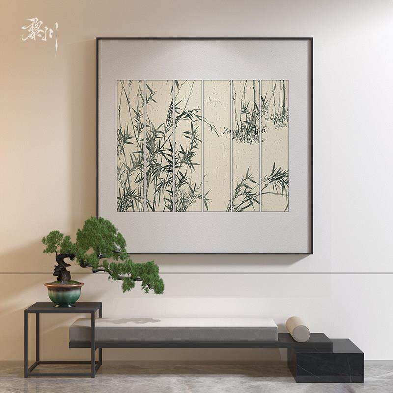 新中式绿色禅意竹叶茶室入户玄关客厅装饰画背景墙壁画方形挂画